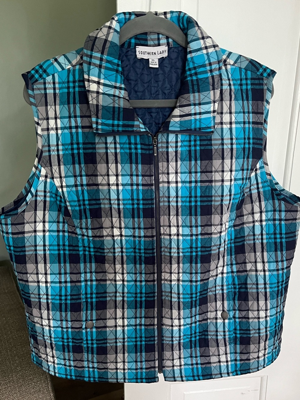 Southern Lady Blue Plaid Outerwear Quilted Vest XL